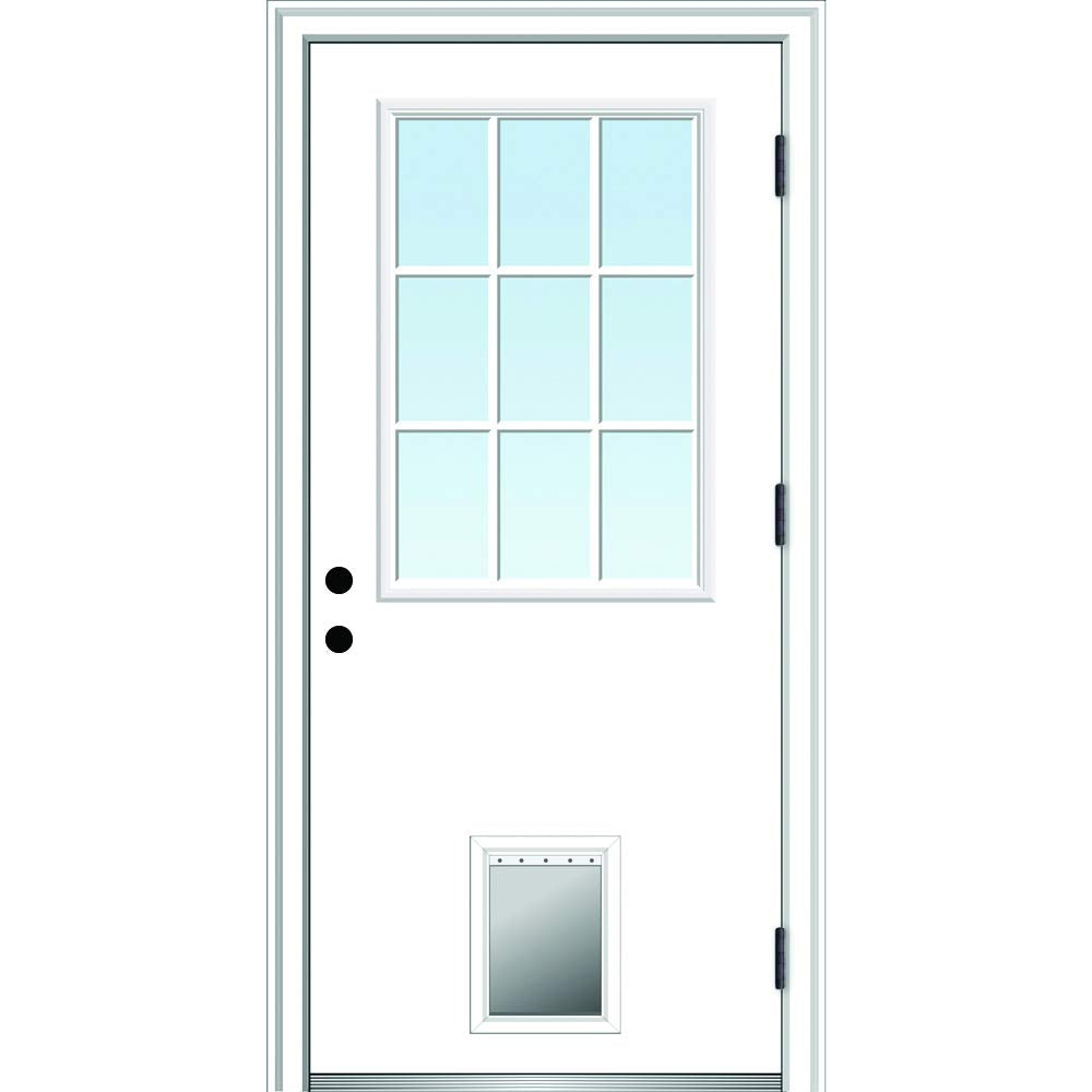 Primed Left Hand Outswing 9 Lite Prehung Front Door with Pet Door K8092