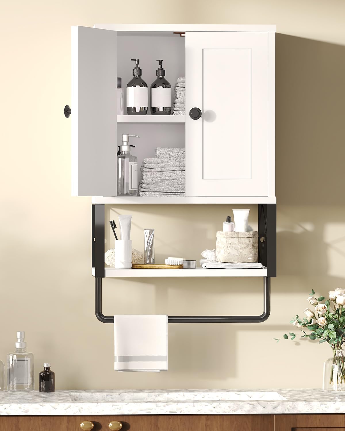 White Bathroom Wall Cabinet with Towel Rack U18029