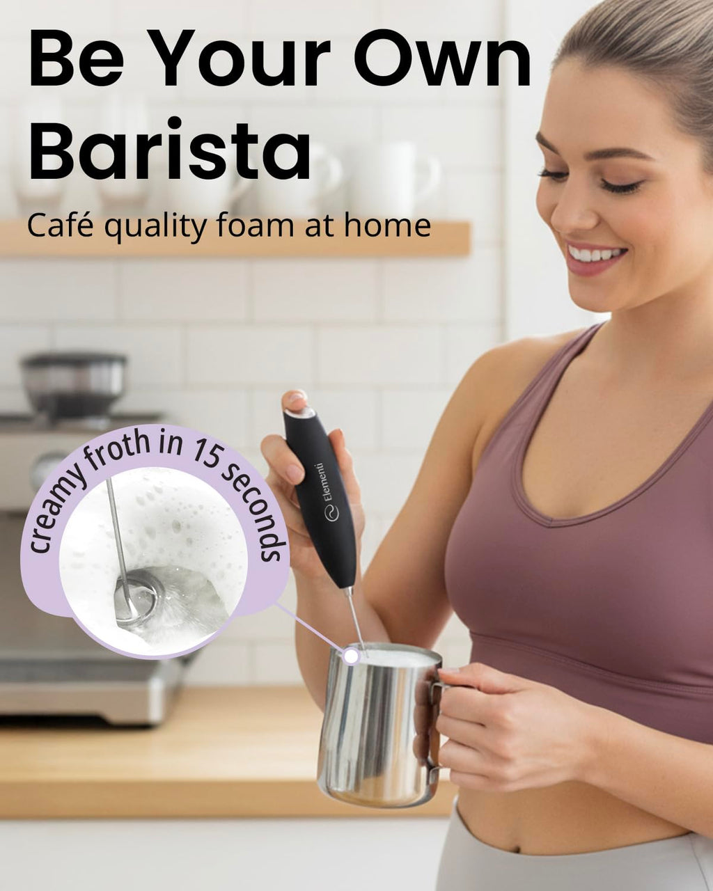 Black Handheld Milk Frother Wand with Stand C1480
