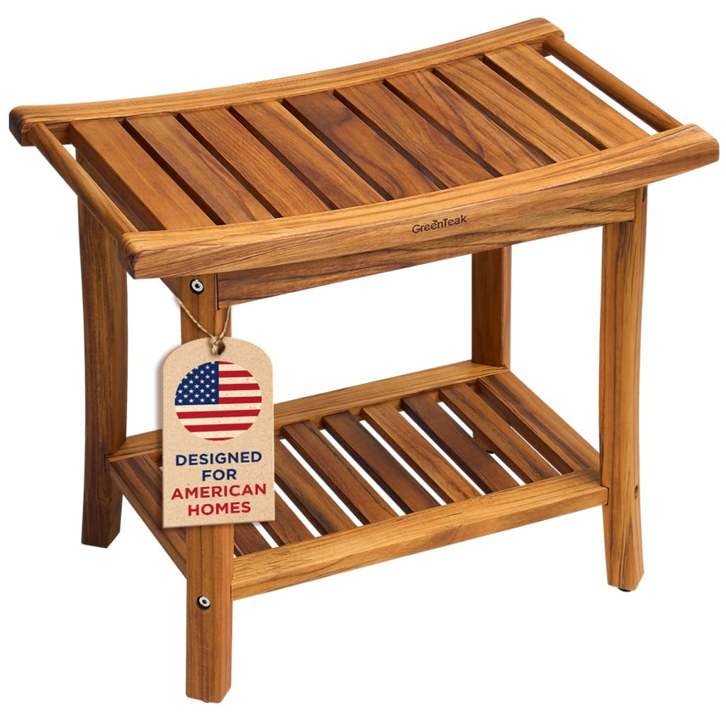 22" Teak Wood Shower Bench with Shelf & Handles L523099