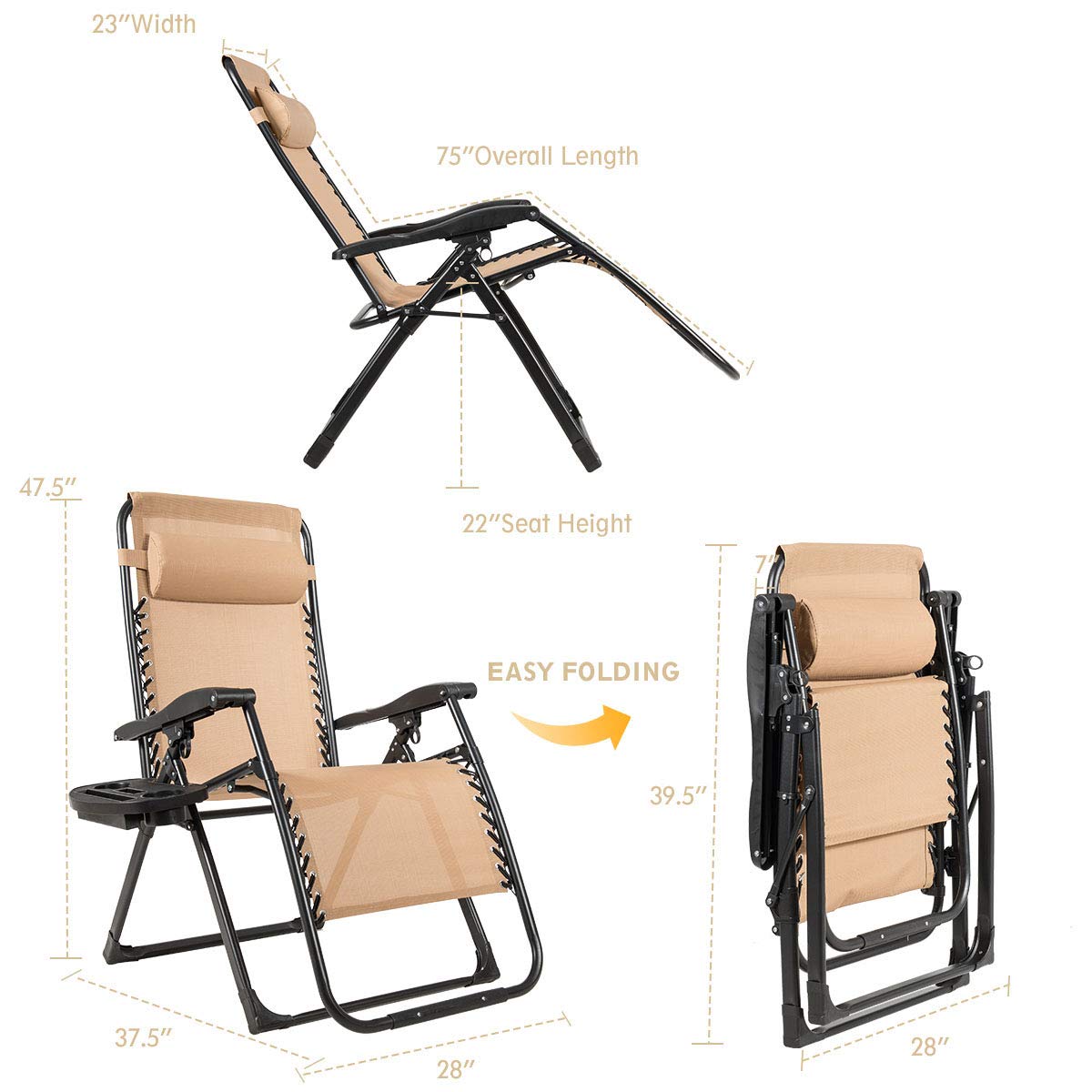 Oversized Zero Gravity Chair with Cup Holder & Detachable Headrest J22029