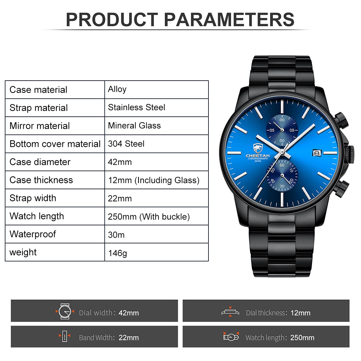 Mens Stainless Steel Waterproof Chronograph Quartz Watch U3091