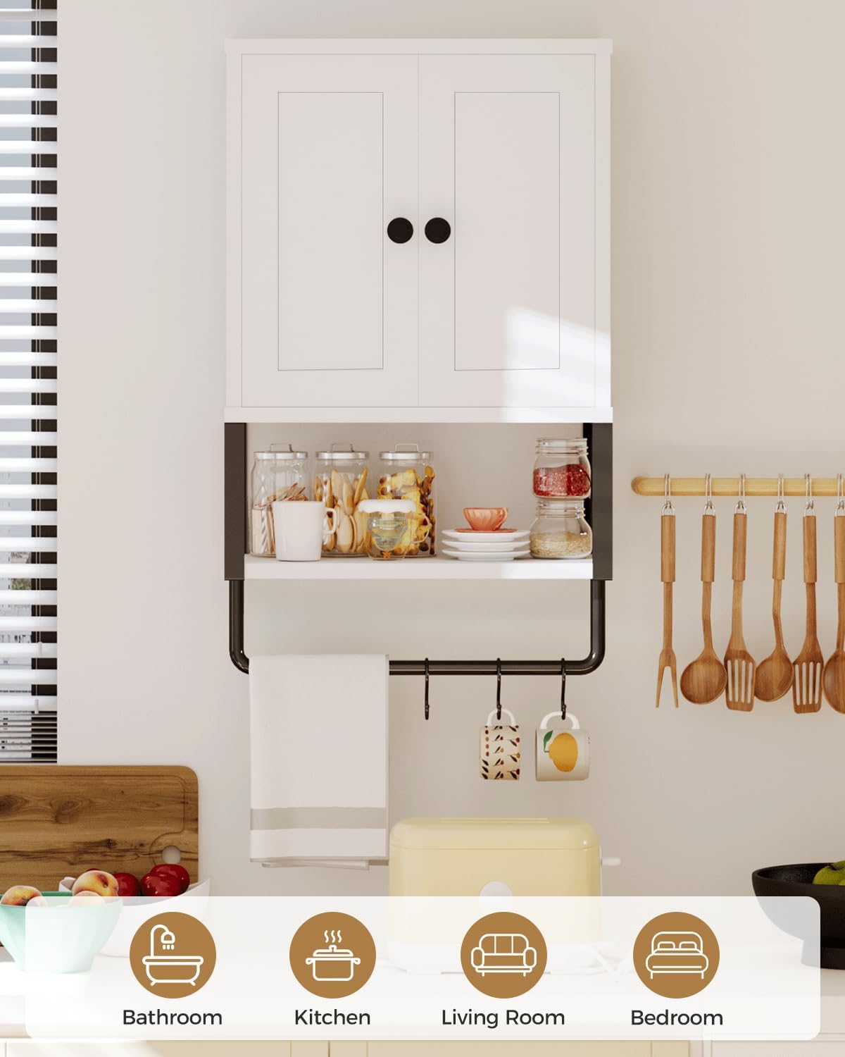 White Bathroom Wall Cabinet with Towel Rack U18029