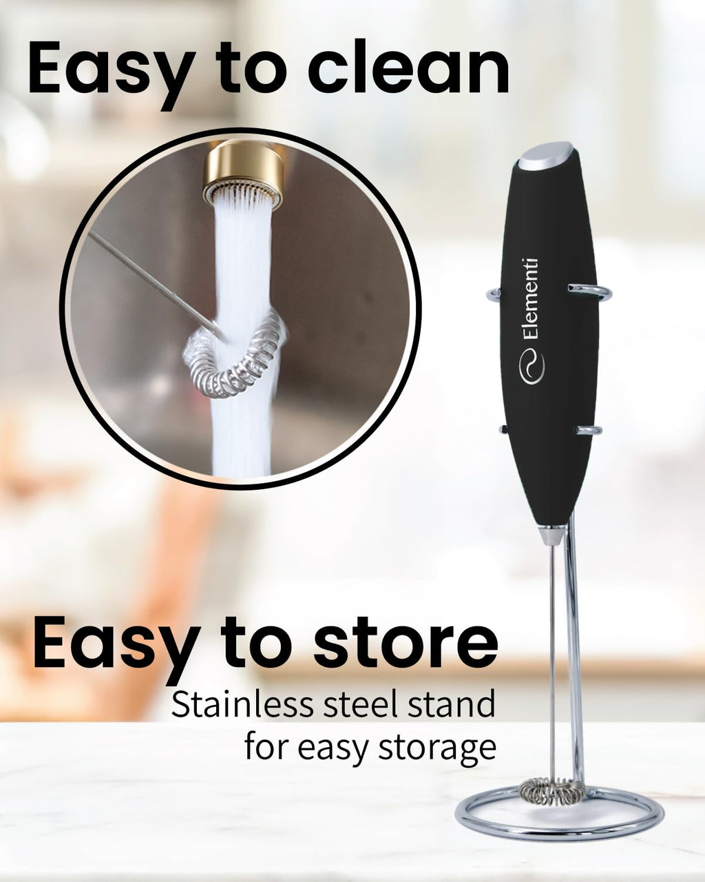 Black Handheld Milk Frother Wand with Stand C1480