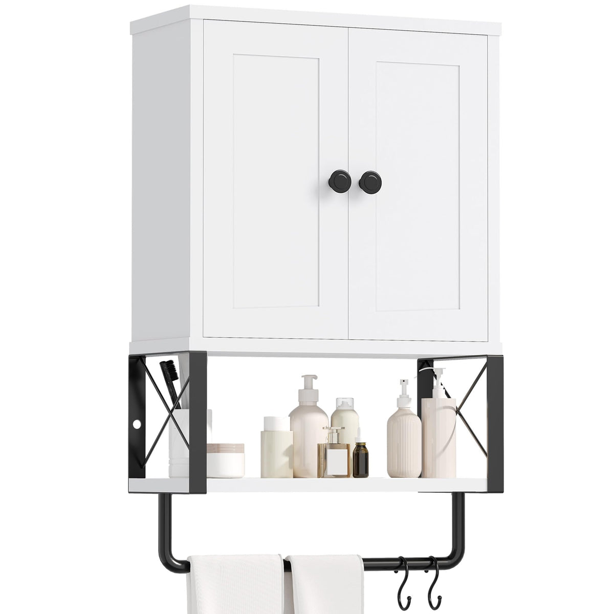 White Bathroom Wall Cabinet with Towel Rack U18029