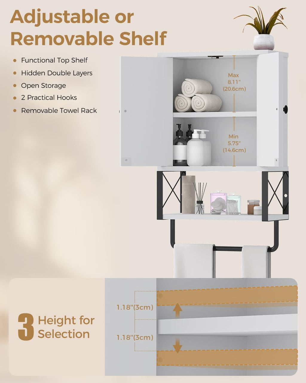 White Bathroom Wall Cabinet with Towel Rack U18029