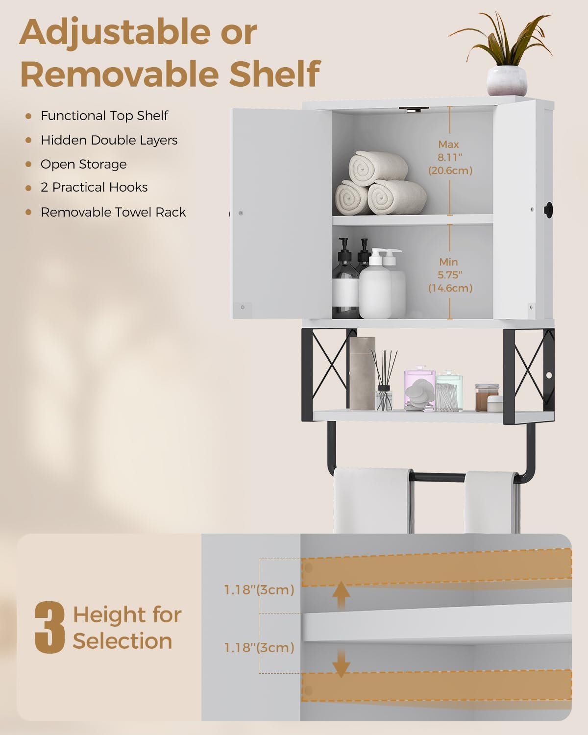White Bathroom Wall Cabinet with Towel Rack U18029