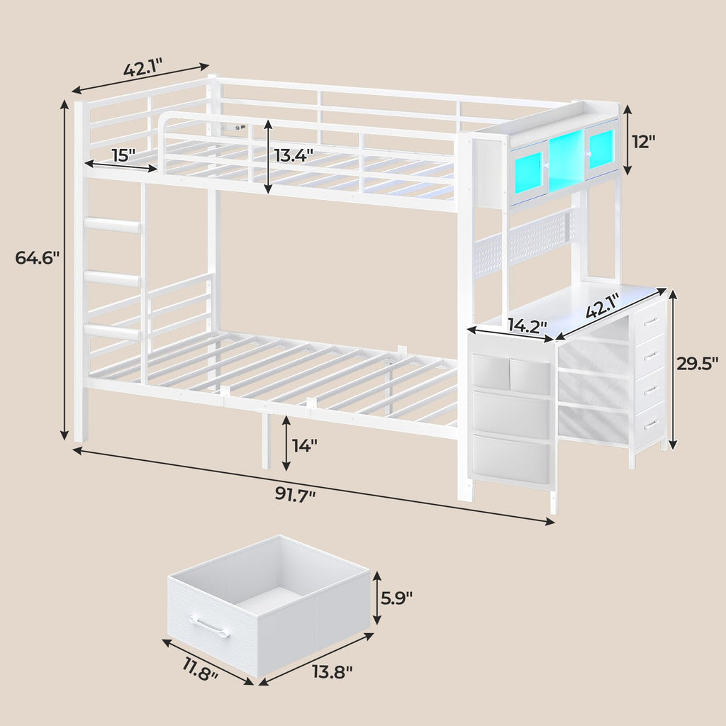 Twin Over Twin Bunk Bed with Desk & LED Light I665