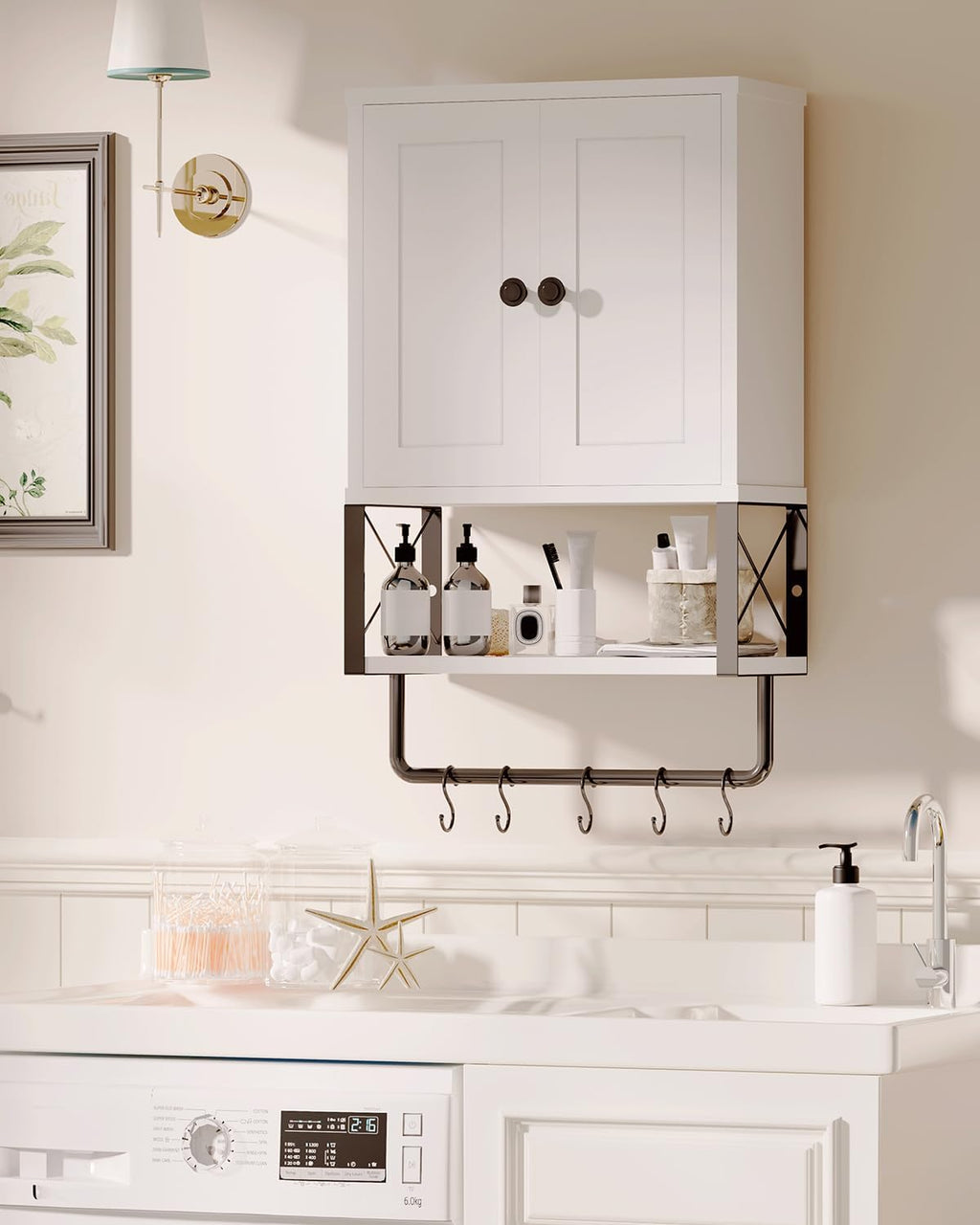 White Bathroom Wall Cabinet with Towel Rack U18029