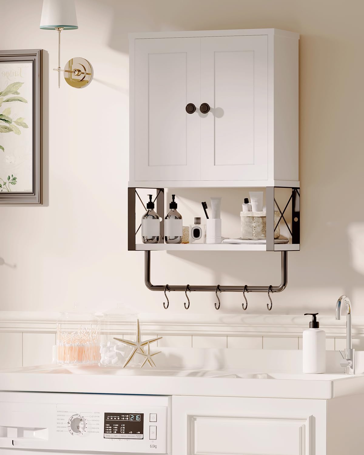 White Bathroom Wall Cabinet with Towel Rack U18029