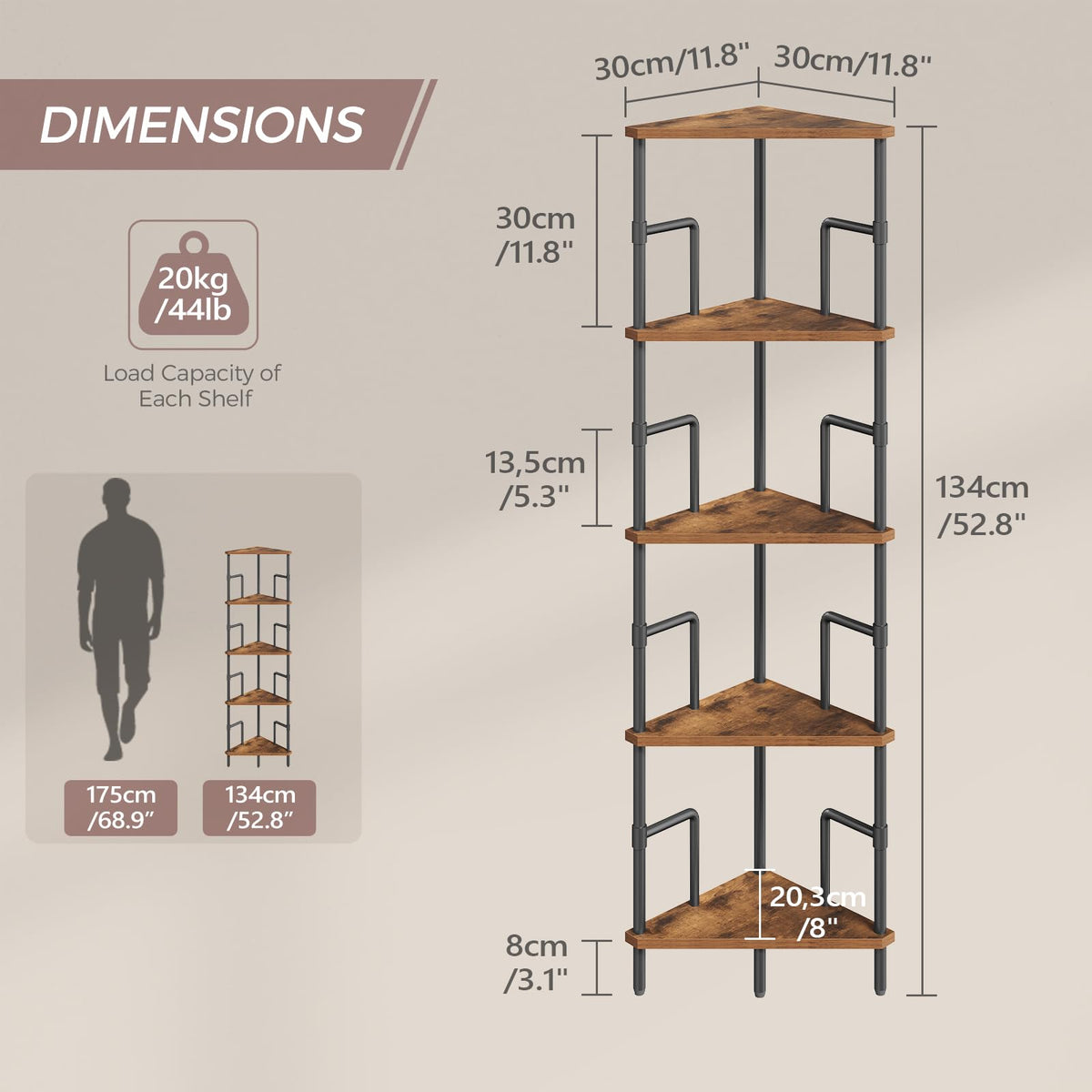 5-Tier Tall Corner Bookshelf with Metal Frame R3553