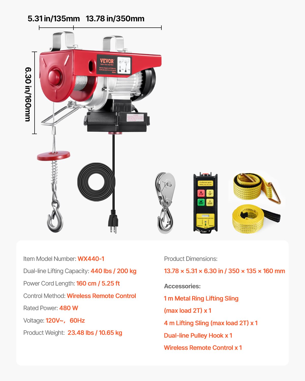 110v 440lbs Electric Hoist with Wireless Remote Control M100475