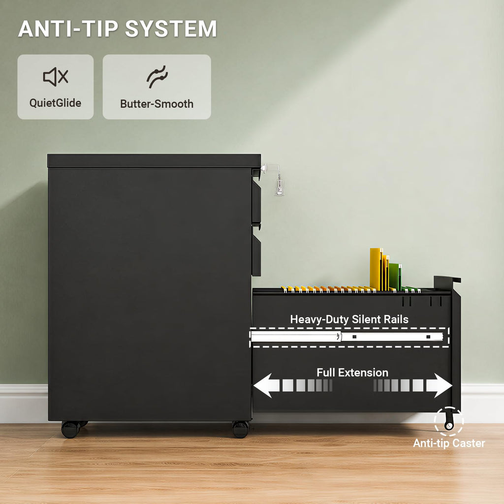 Black 3 Drawer Mobile File Cabinet with Lock M2855