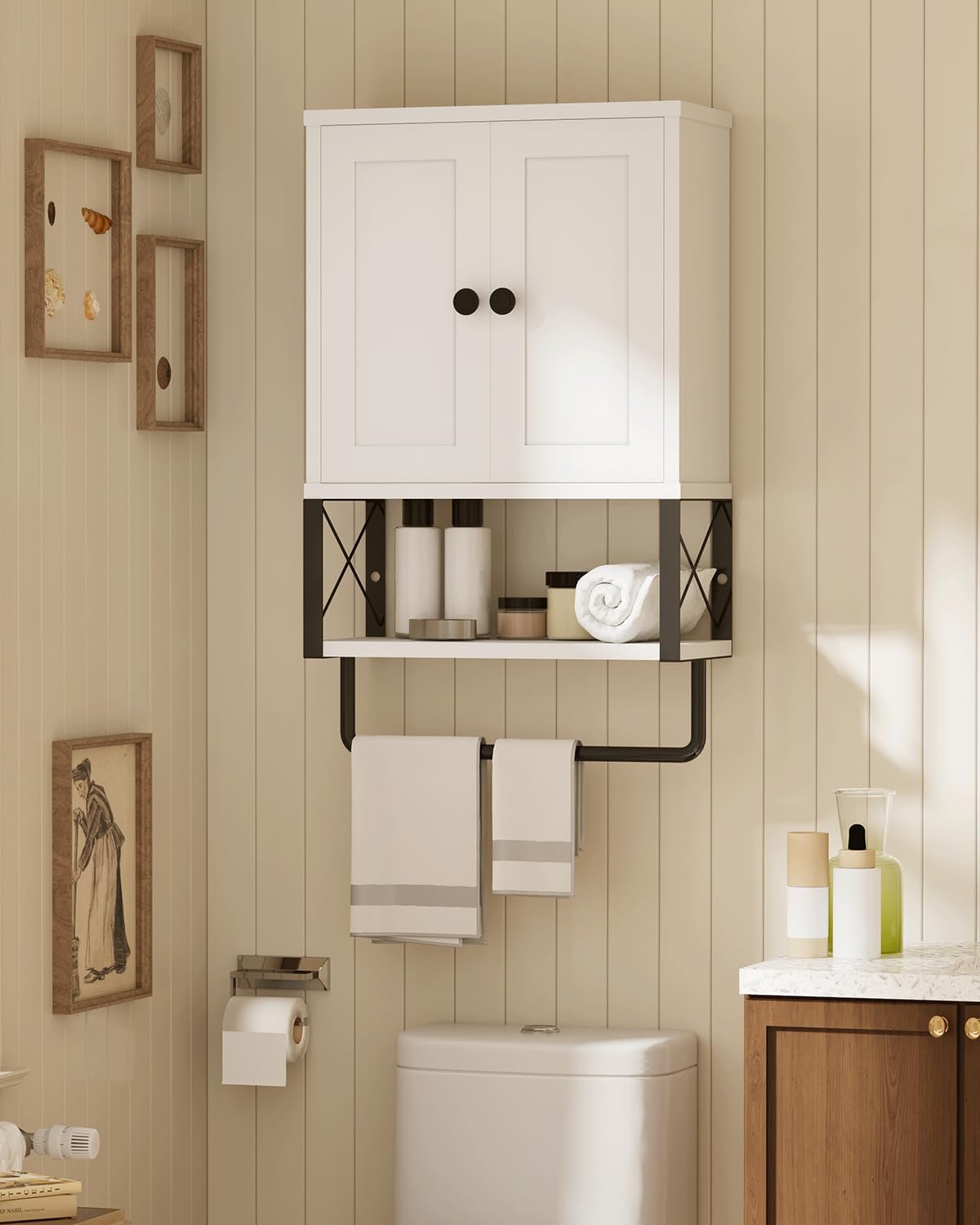 White Bathroom Wall Cabinet with Towel Rack U18029