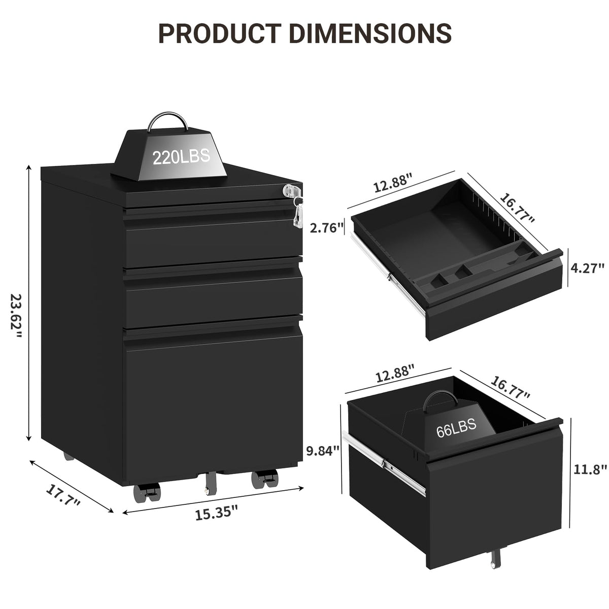 Black 3 Drawer Mobile File Cabinet with Lock M2855