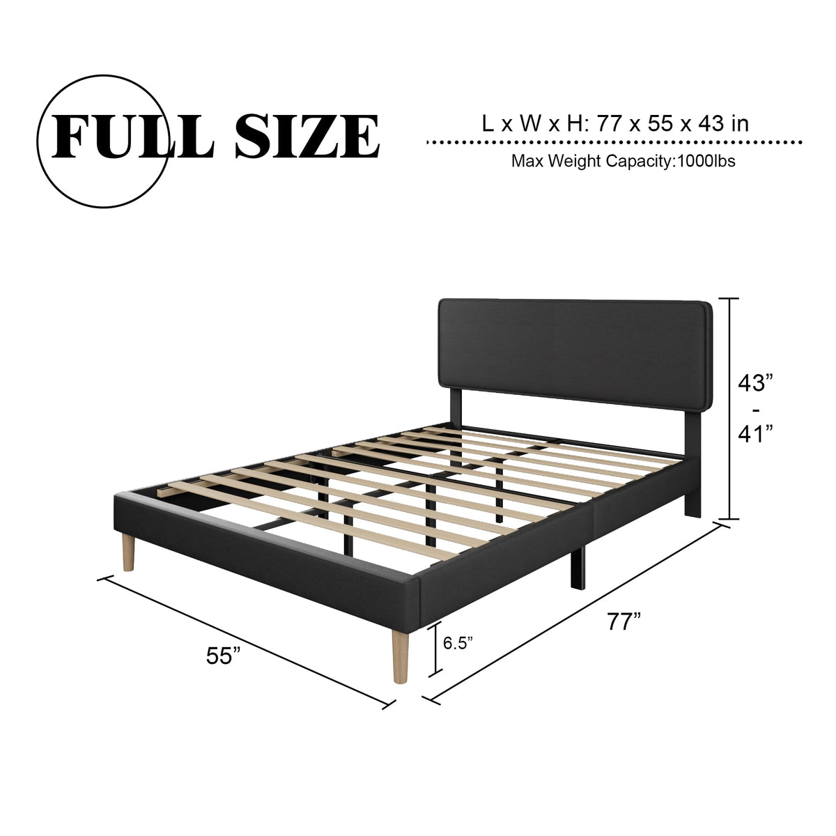 Black Full Size Upholstered Platform Bed Frame with Adjustable Headboard O59898