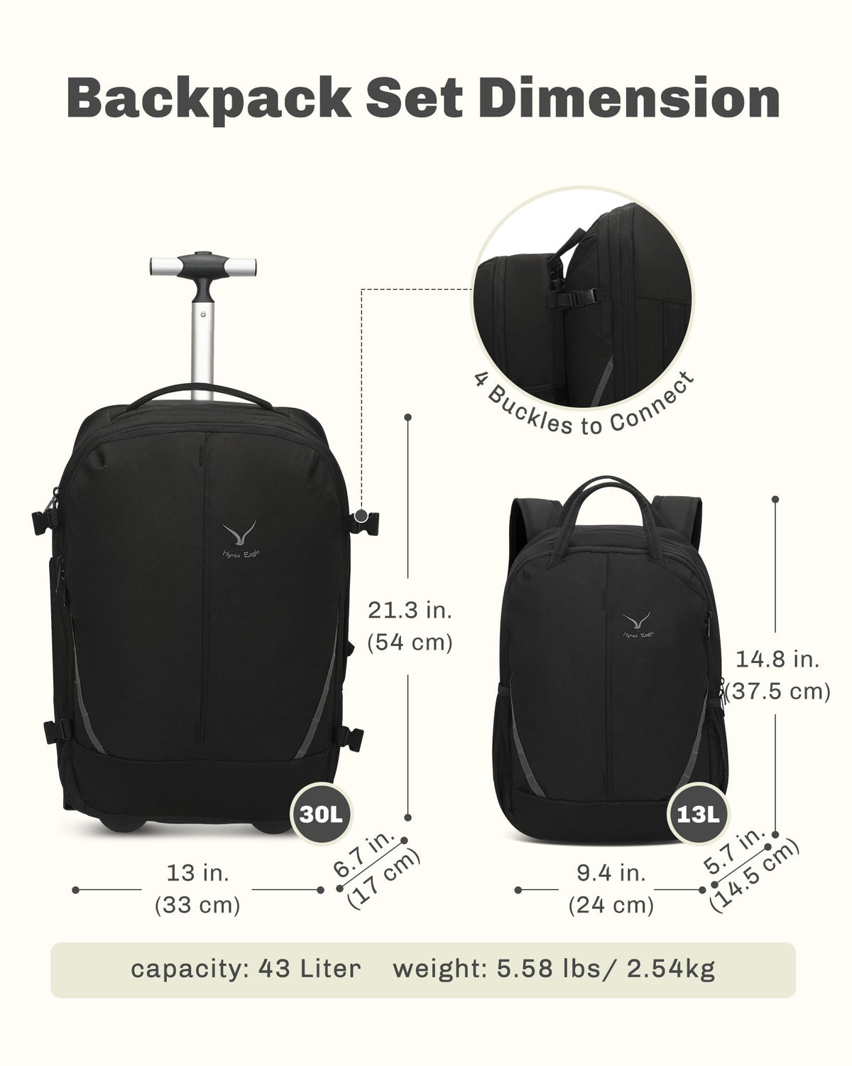 Rolling Backpack with Wheels 43L with Packing Cubes Set 6PC R26170