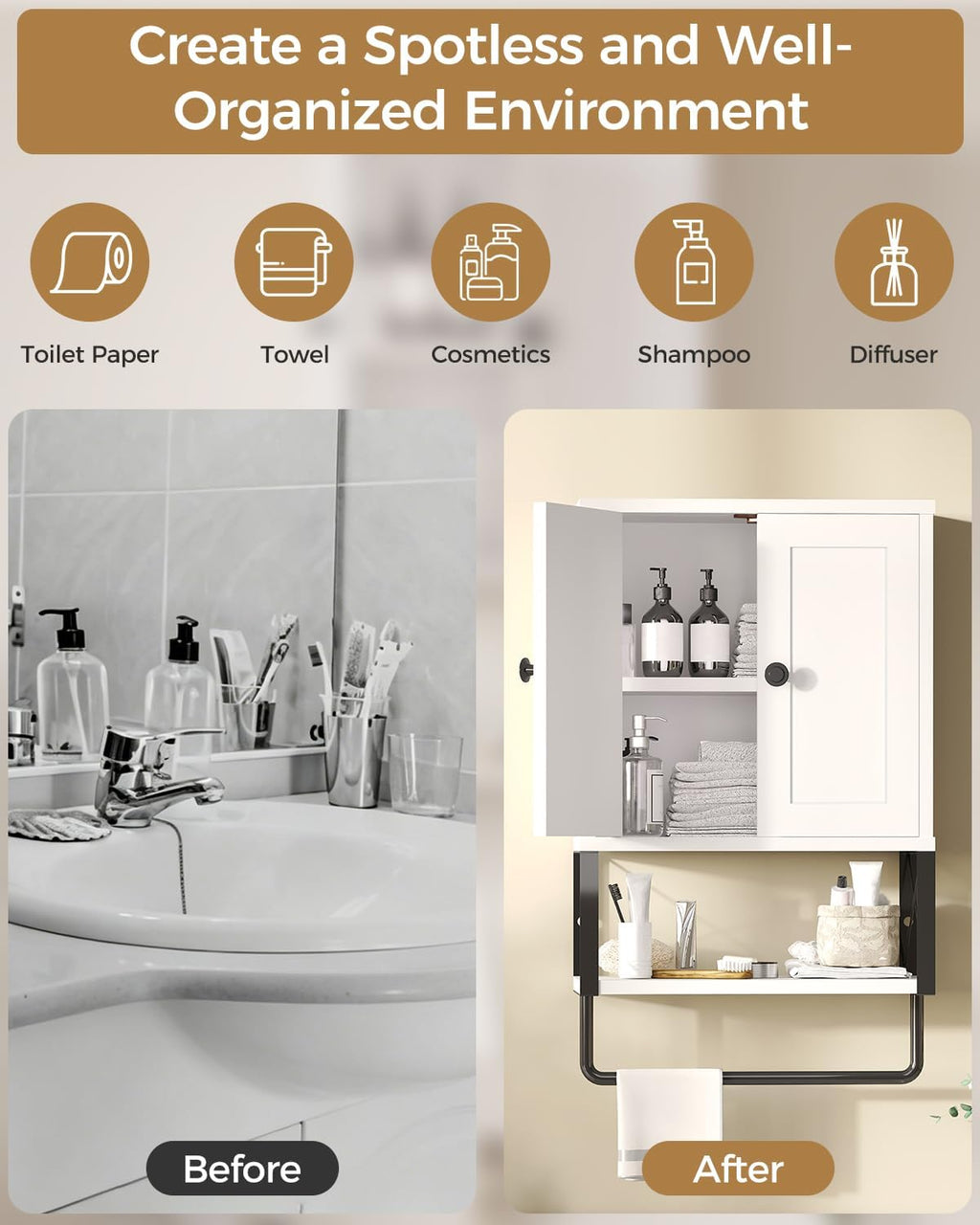White Bathroom Wall Cabinet with Towel Rack U18029