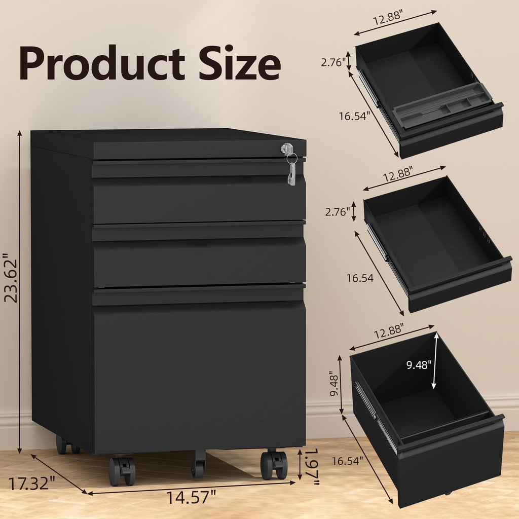 Black 3 Drawer Metal File Cabinet with Lock X35735