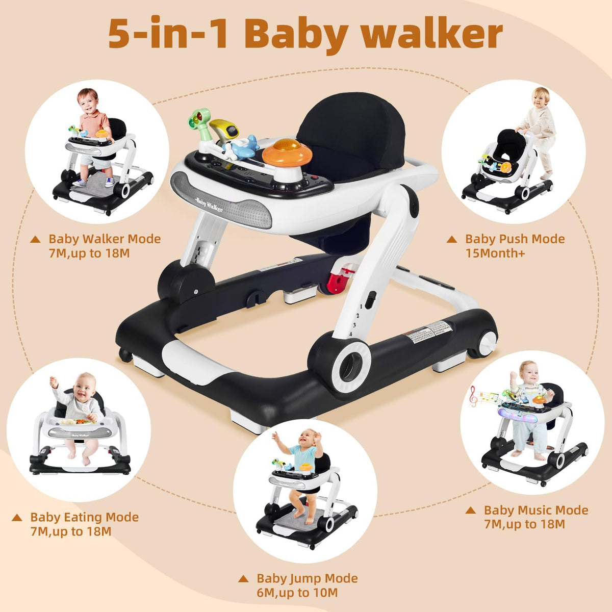 Foldable Adjustable Baby Walker with Wheels and Bouncer J959