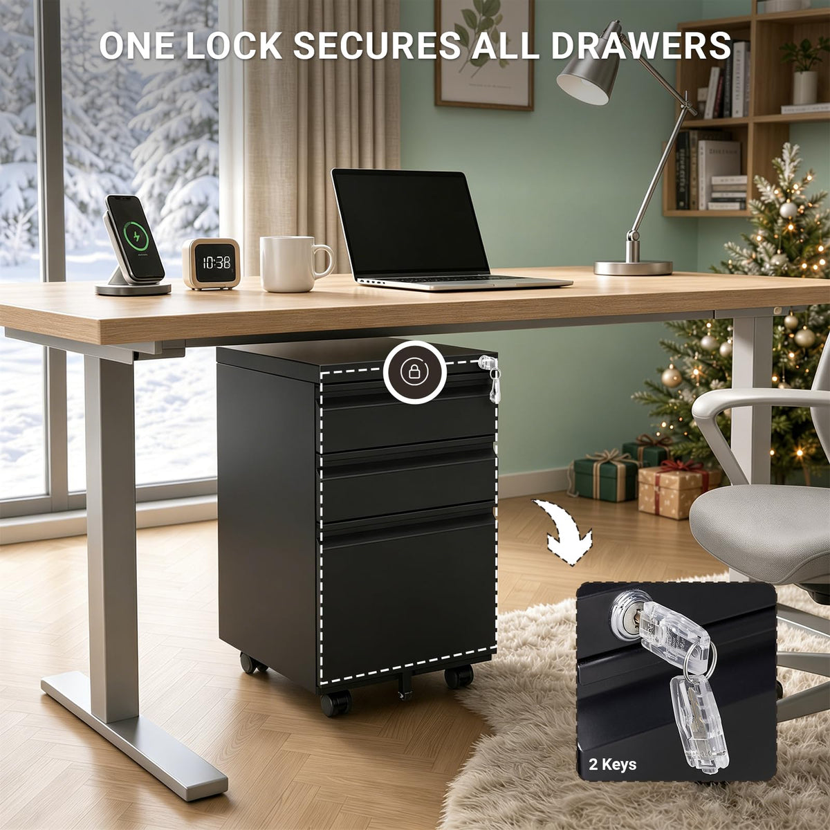 Black 3 Drawer Mobile File Cabinet with Lock M2855