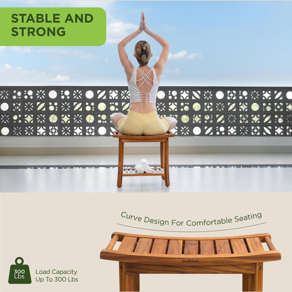 22" Teak Wood Shower Bench with Shelf & Handles L523099