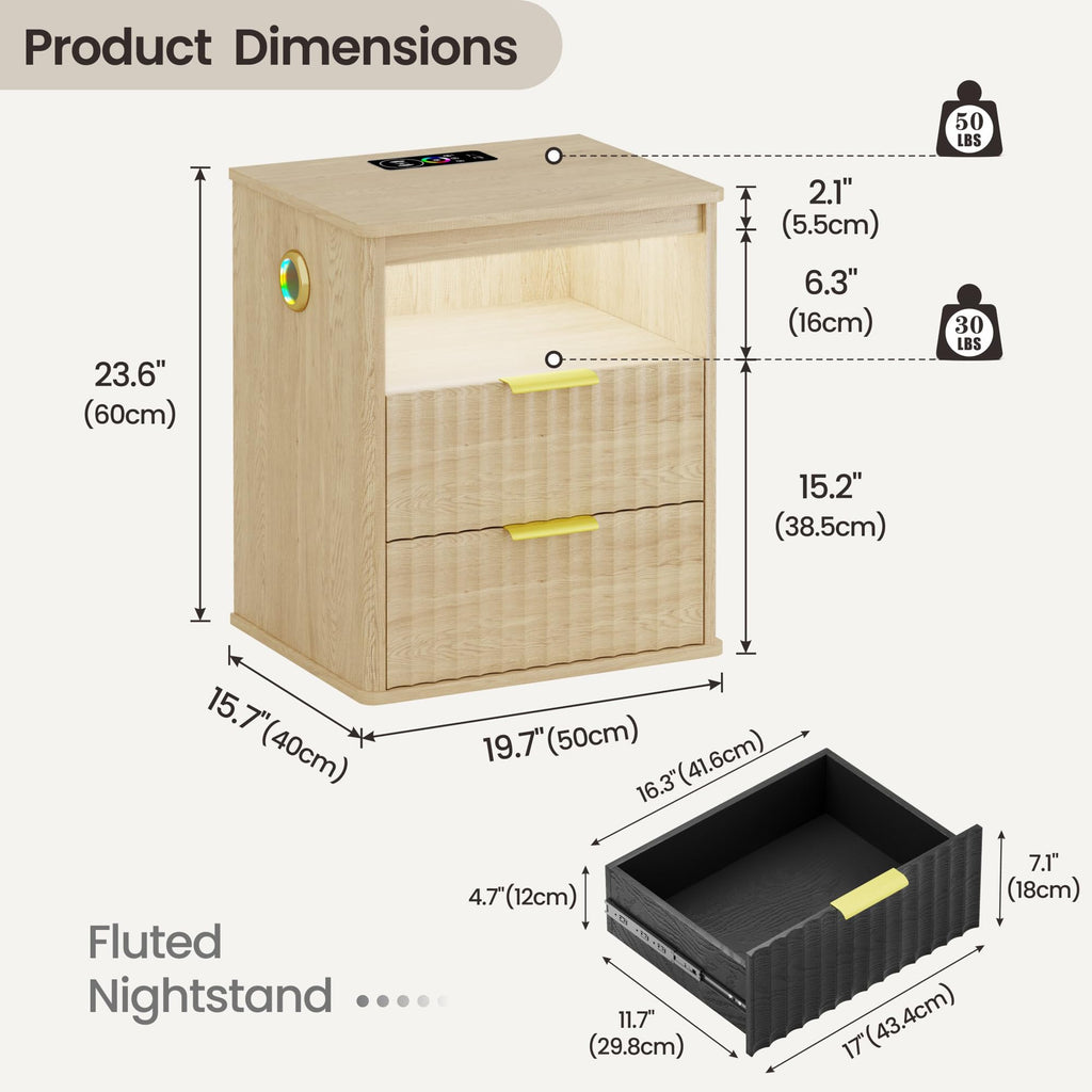 LED Nightstand with Charging Station and 2 Drawers D7139