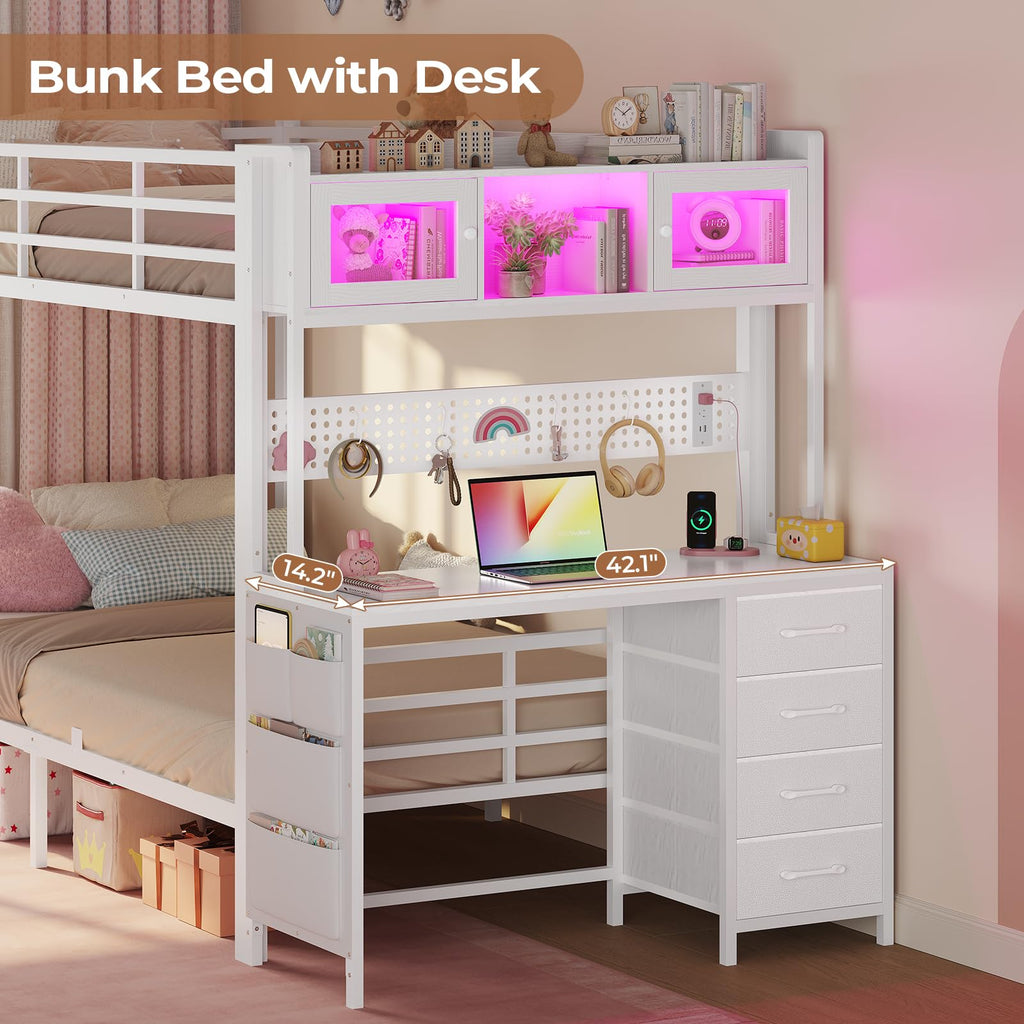 Twin Over Twin Bunk Bed with Desk & LED Light I665