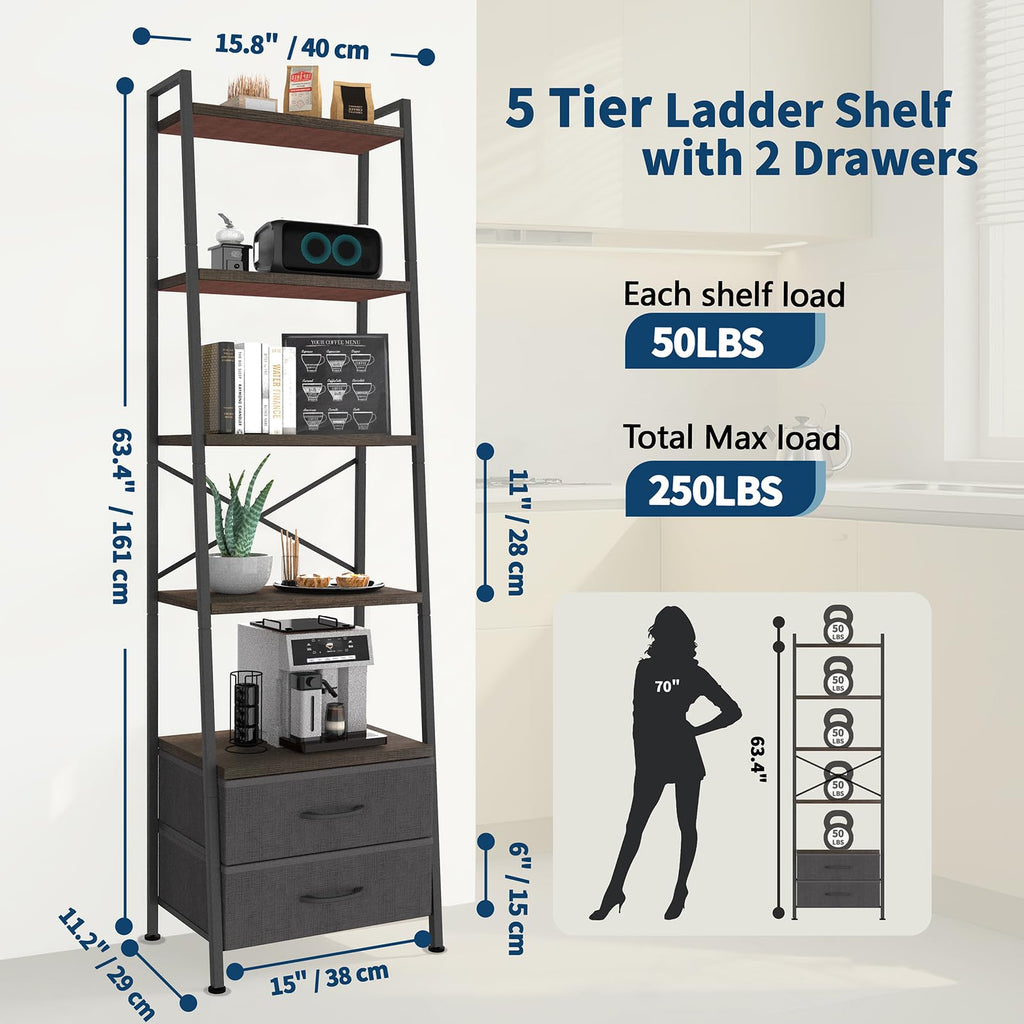 5-Tier Ladder Bookshelf with 2 Drawers Black N2055