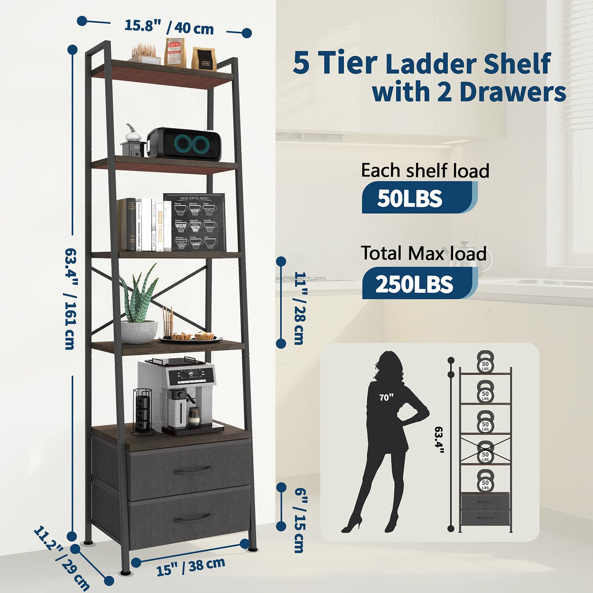 5-Tier Ladder Bookshelf with 2 Drawers Black N2055