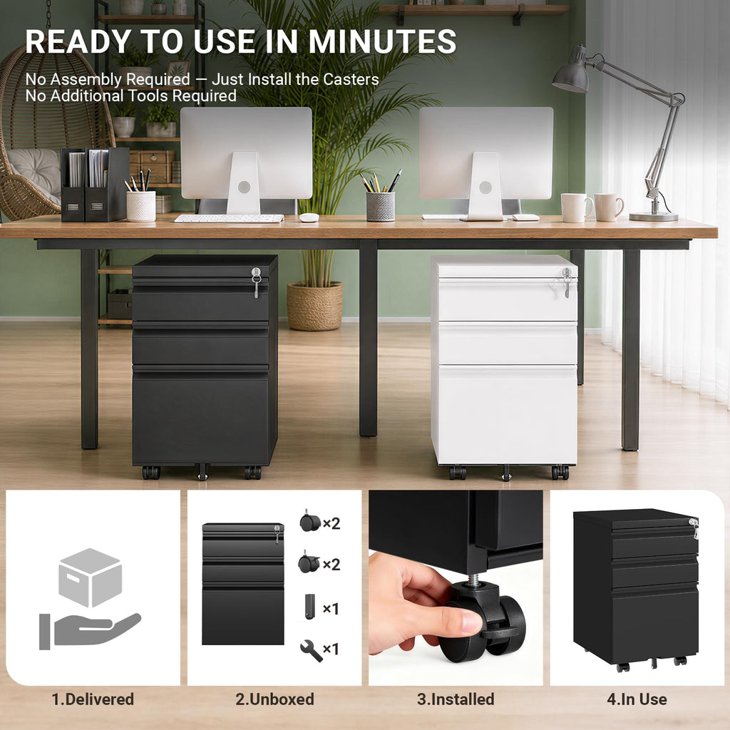 Black 3 Drawer Mobile File Cabinet with Lock M2855