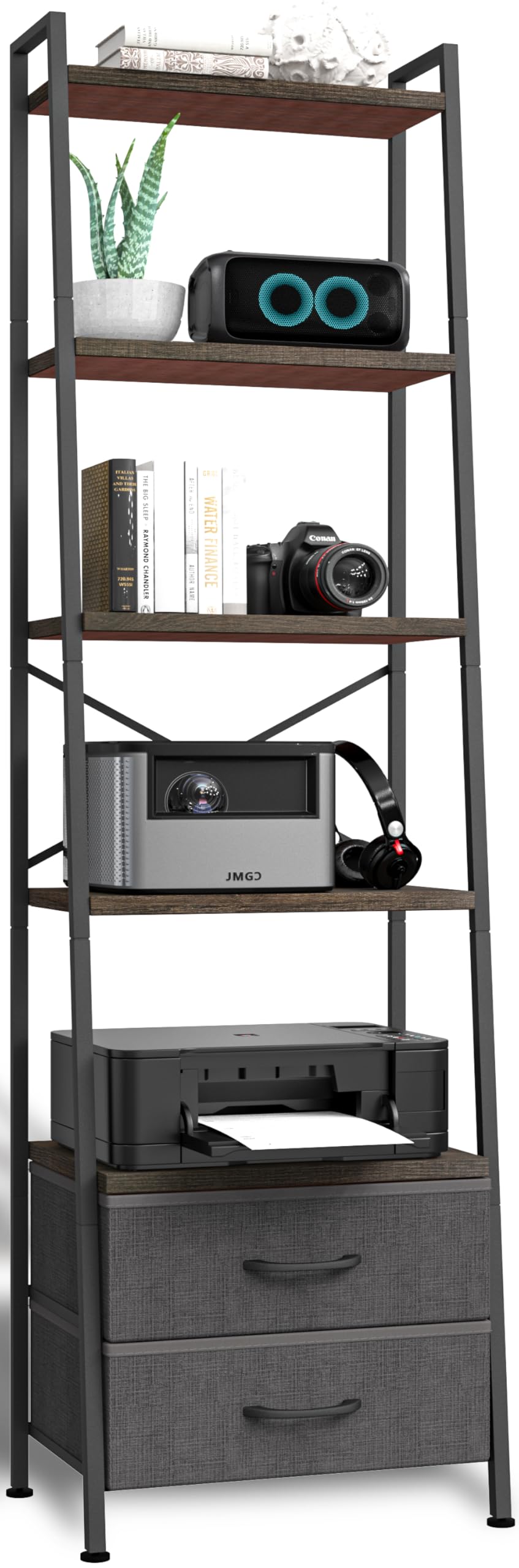 5-Tier Ladder Bookshelf with 2 Drawers Black N2055