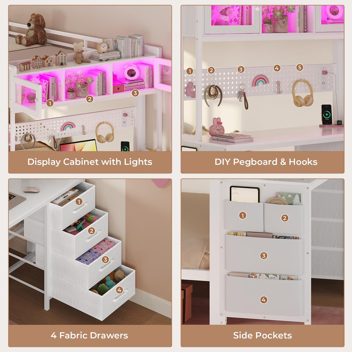 Twin Over Twin Bunk Bed with Desk & LED Light I665