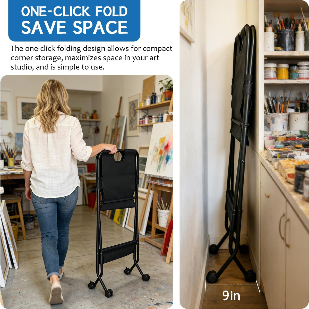 Folding Canvas Art Print Storage Rack with Caster Wheels T823