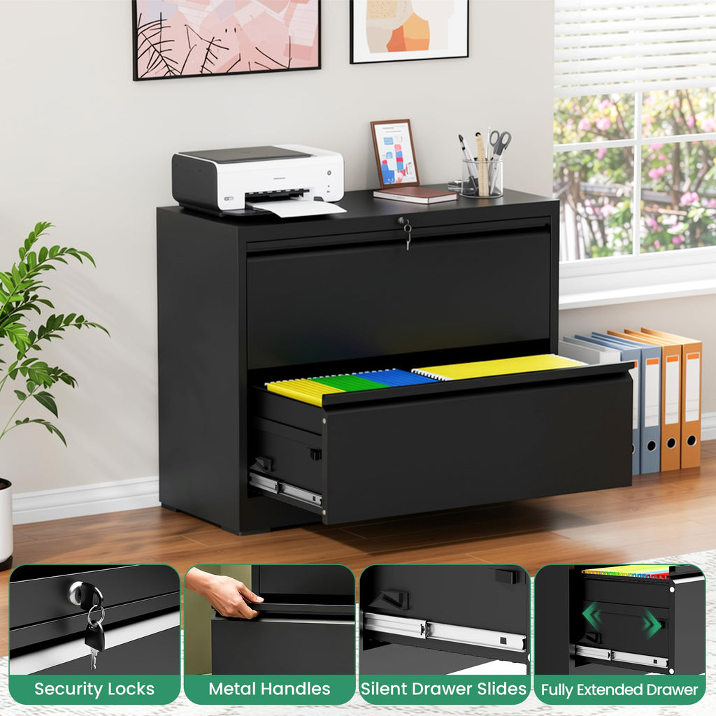 Black 2 Drawer Metal Lateral File Cabinet with Lock J52857