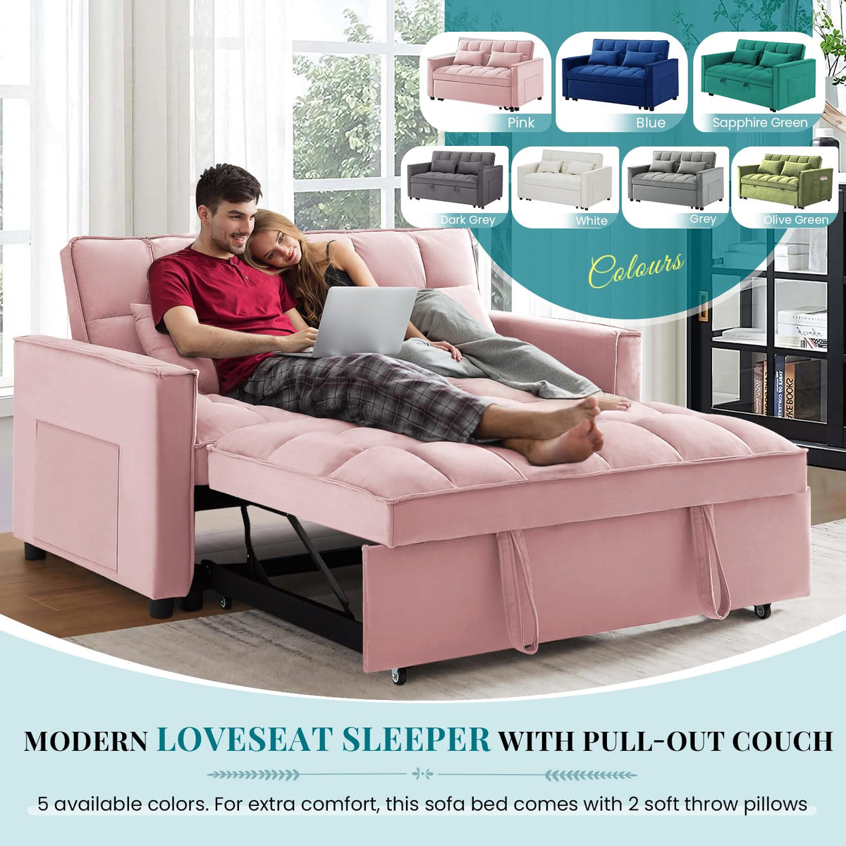 Pink Velvet Convertible Sleeper Sofa Bed V401