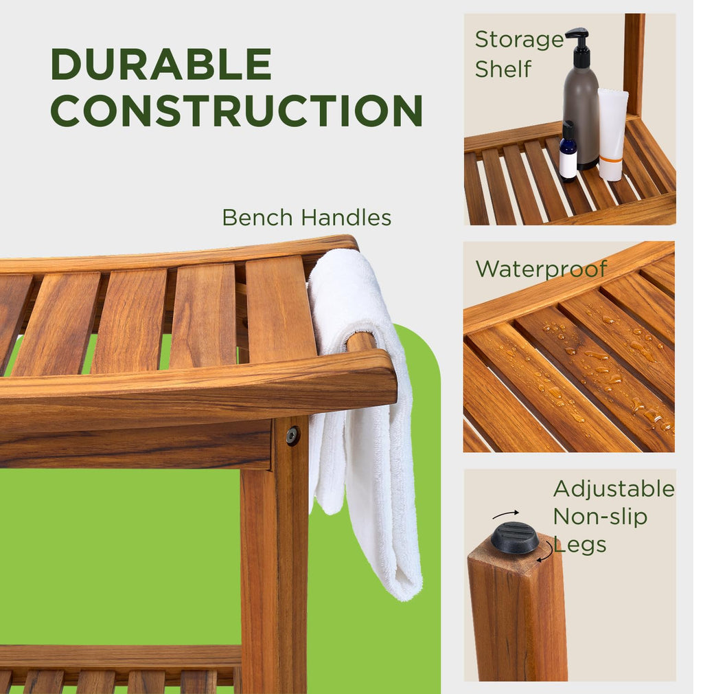 22" Teak Wood Shower Bench with Shelf & Handles L523099