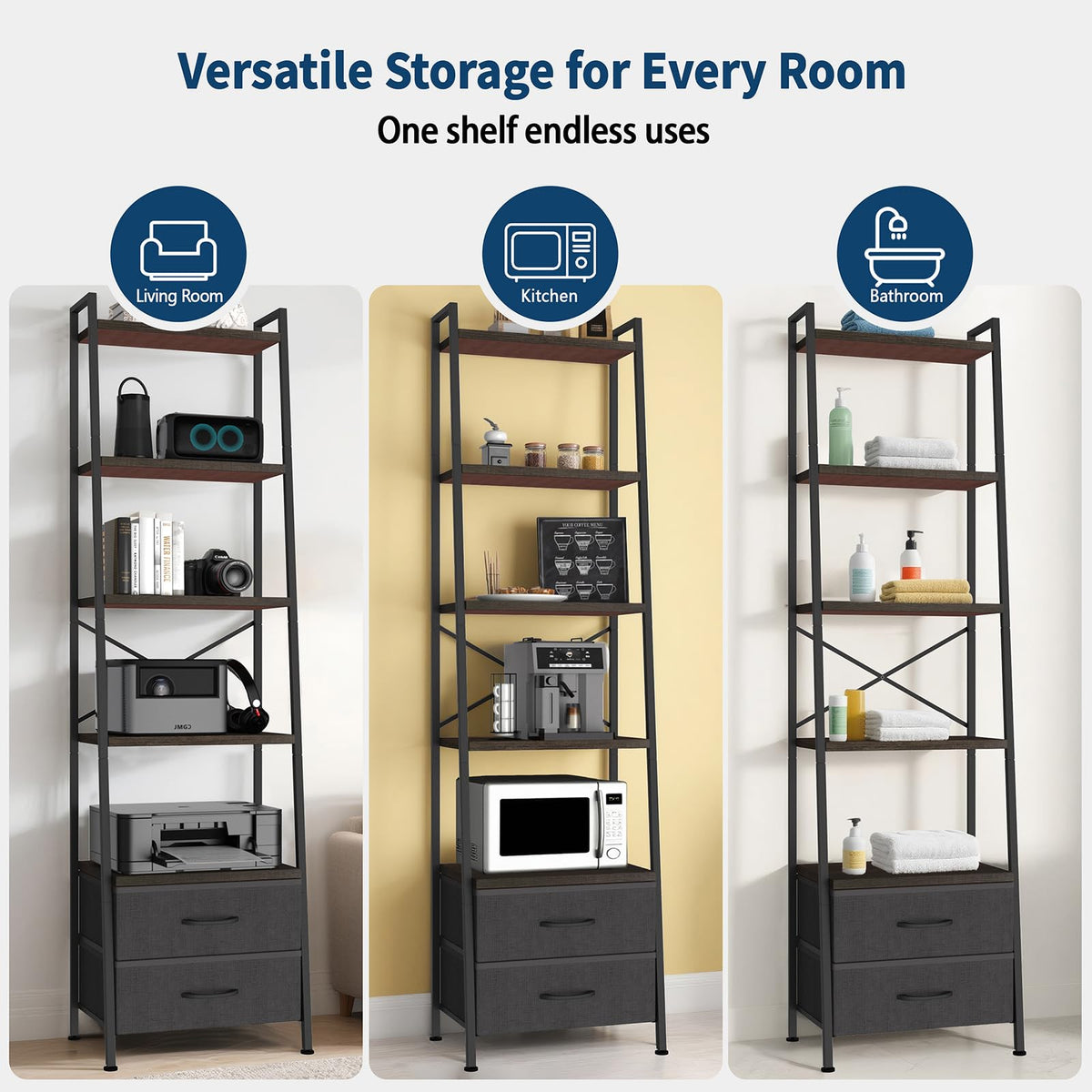 5-Tier Ladder Bookshelf with 2 Drawers Black N2055