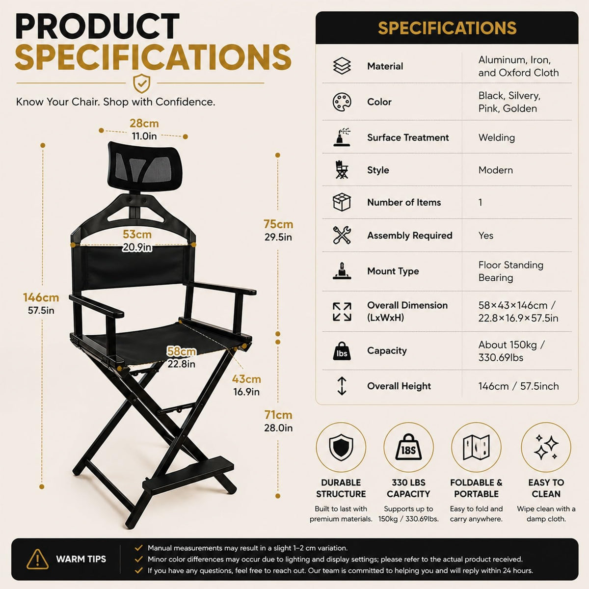Gold Extra Tall Foldable Makeup Chair I214623
