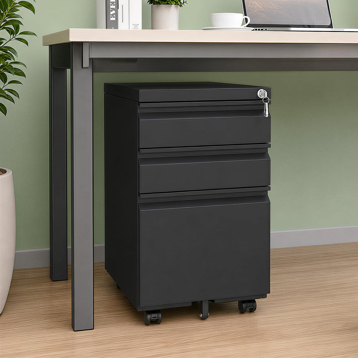 Black 3 Drawer Mobile File Cabinet with Lock M2855