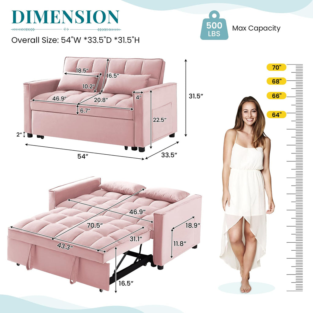 Pink Velvet Convertible Sleeper Sofa Bed V401