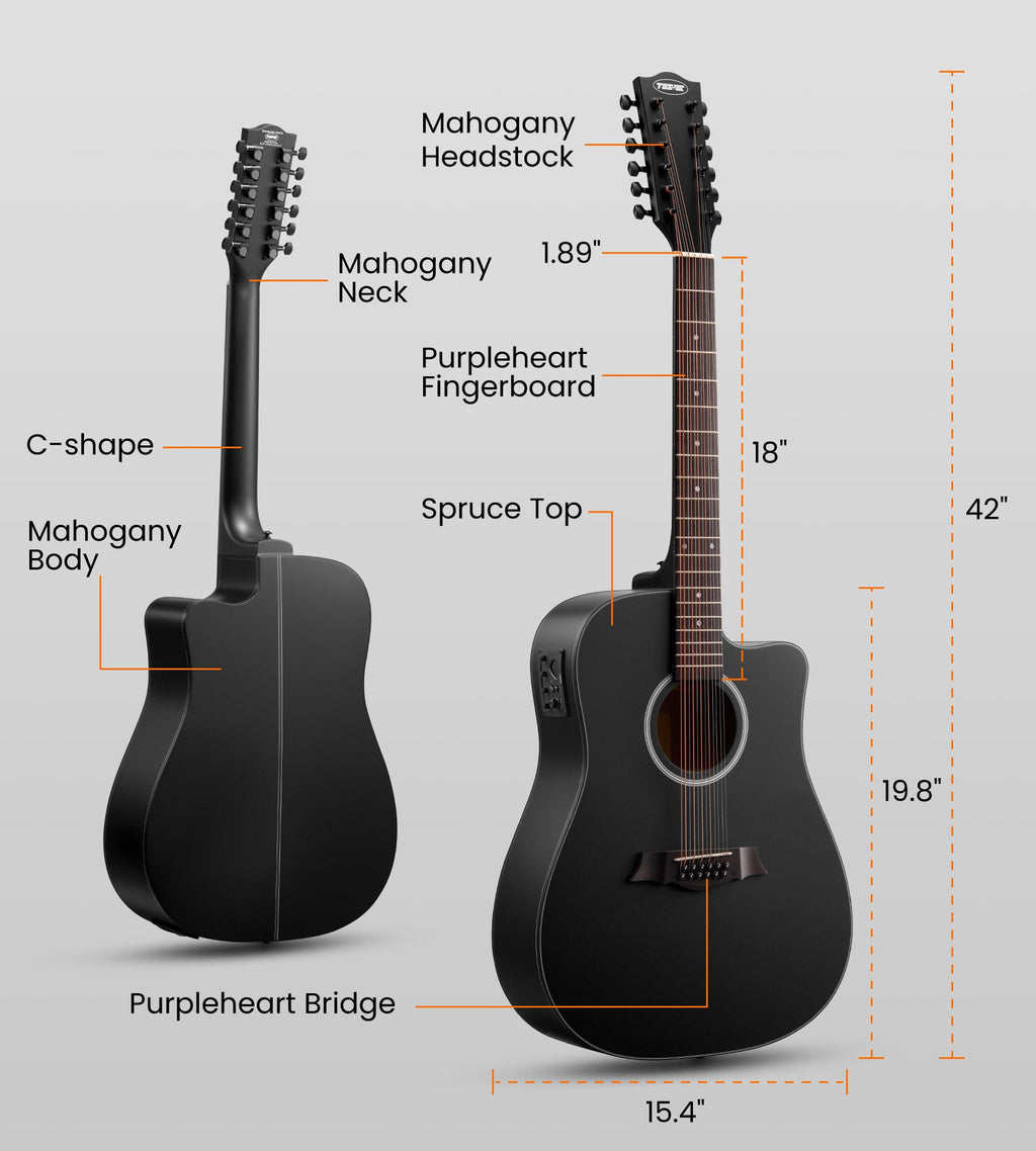 12 String Black Cutaway Acoustic Electric Guitar K97602
