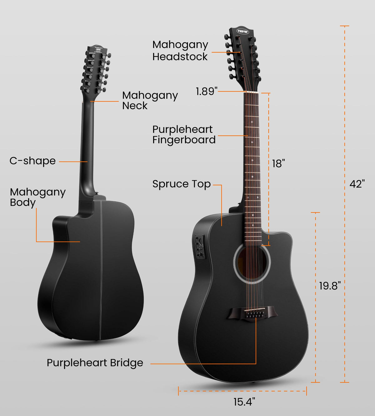 12 String Black Cutaway Acoustic Electric Guitar K97602