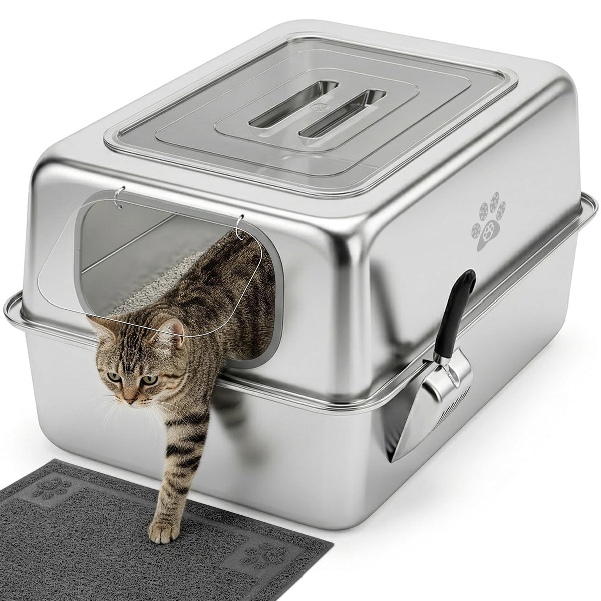 Enclosed Stainless Steel Cat Litter Box with Lid X759391