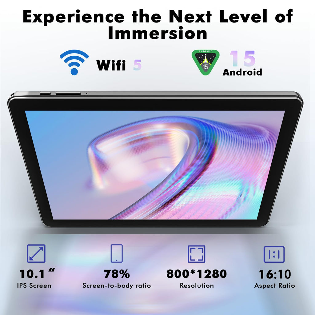 10.1 Inch Android 15 Tablet, 24GB RAM 128GB ROM, 1280 x 800 HD Display, 6000mAh Battery, 5MP+8MP Camera (Black) V157