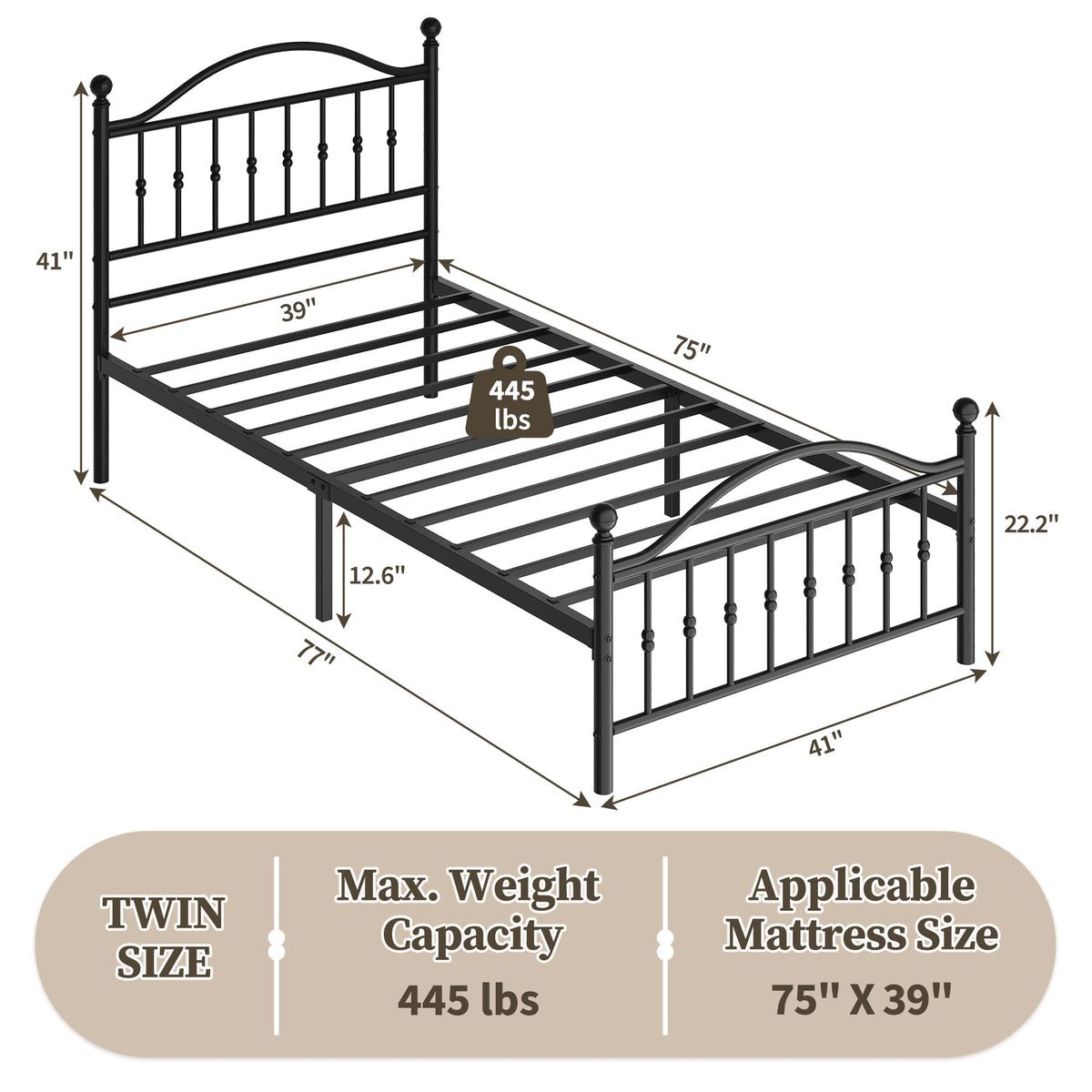 Twin Size Metal Platform Bed Frame with Headboard & Footboard R11429