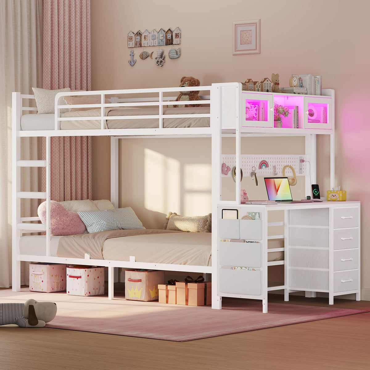 Twin Over Twin Bunk Bed with Desk & LED Light I665