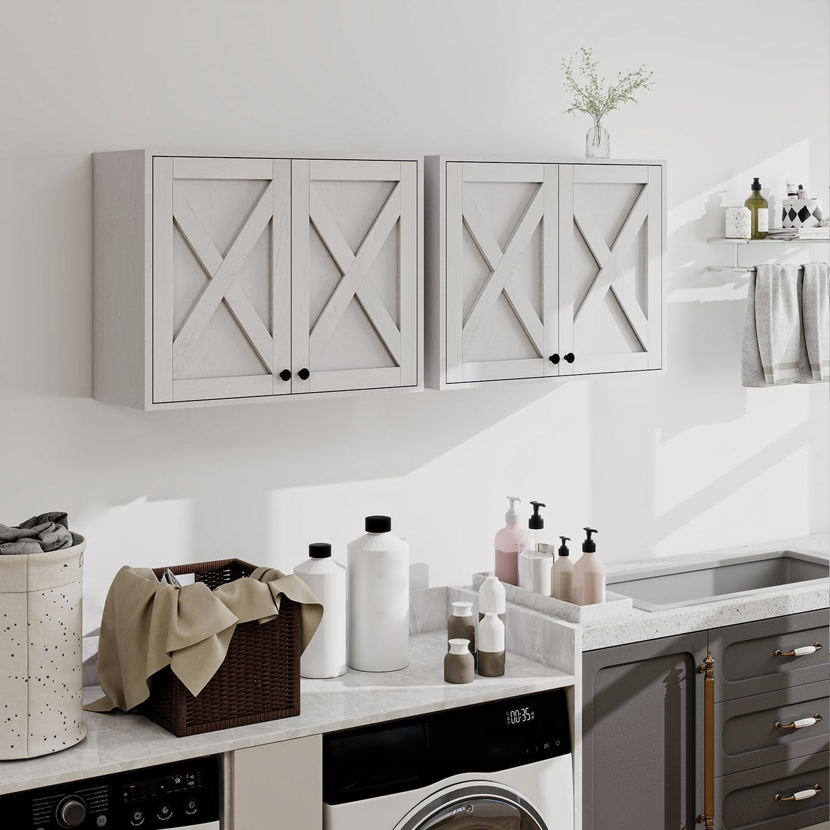 White Wall Mounted Laundry Room Cabinets E870