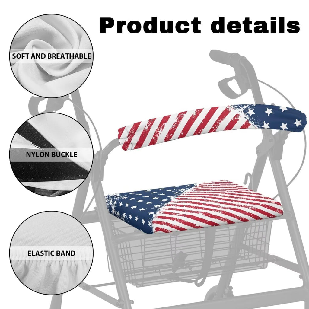 Blue White Star and Red Stripes Rollator Walker Seat and Backrest Covers T7441