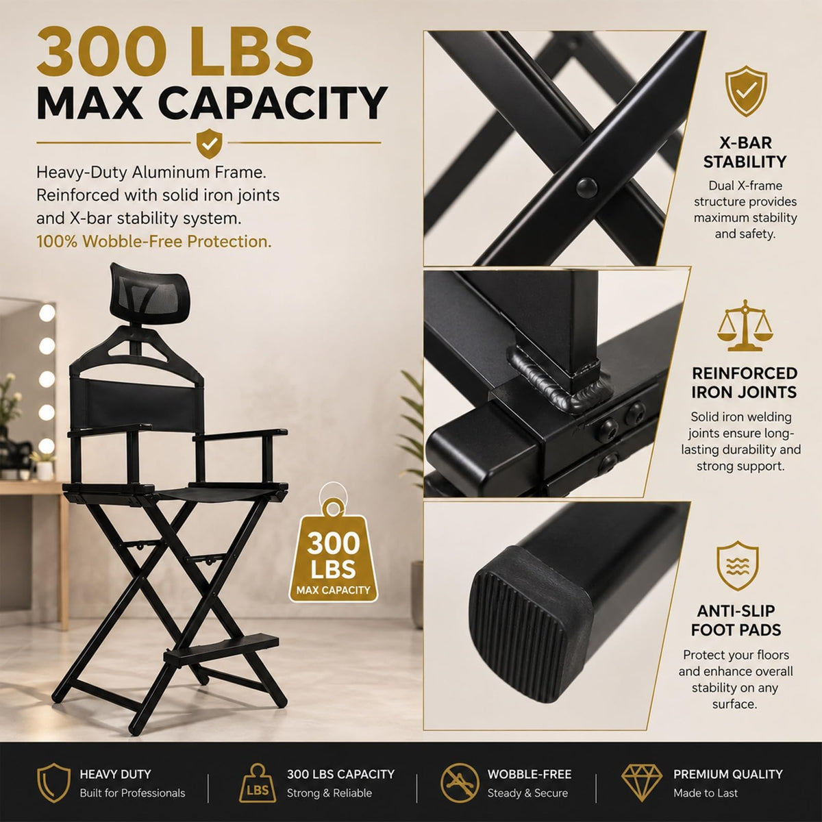 Gold Extra Tall Foldable Makeup Chair I214623